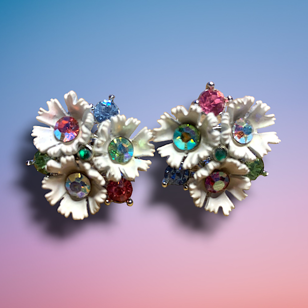 Vtg 1960's LISNER Floral Enamel & Crystal Earrings Signed Couture Runway Spring
